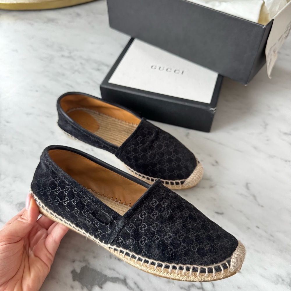 Gucci Suede Espadrilles Soft Micro GG Monogram Black Summer Loafer Slip On Shoes